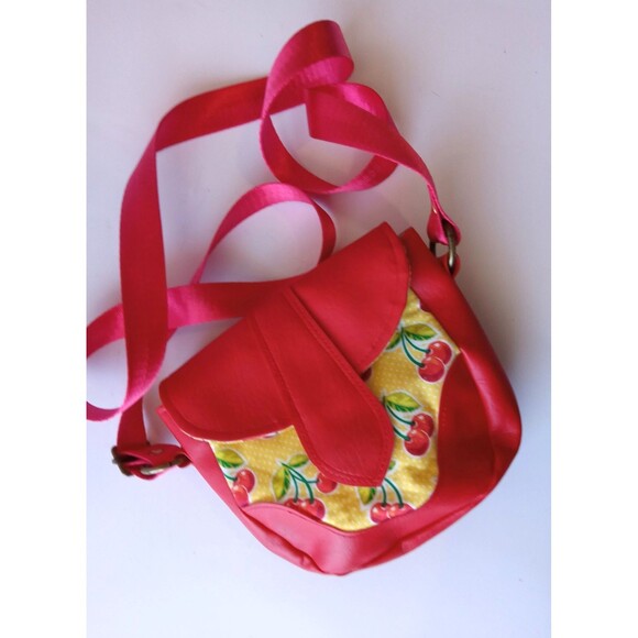 Handmade Cross Body Bag Red Faux Leather w/ Yellow & Cherry Retro Cotton - Picture 6 of 15